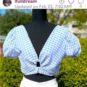 Light Blue Gingham Rayon Puff Sleeve Wrap around Crop Top ONE SIZE